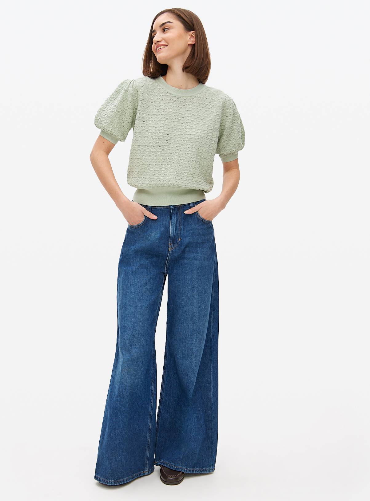 Pale Green Stitch Detail Puff Sleeve Top 24 - Image 2